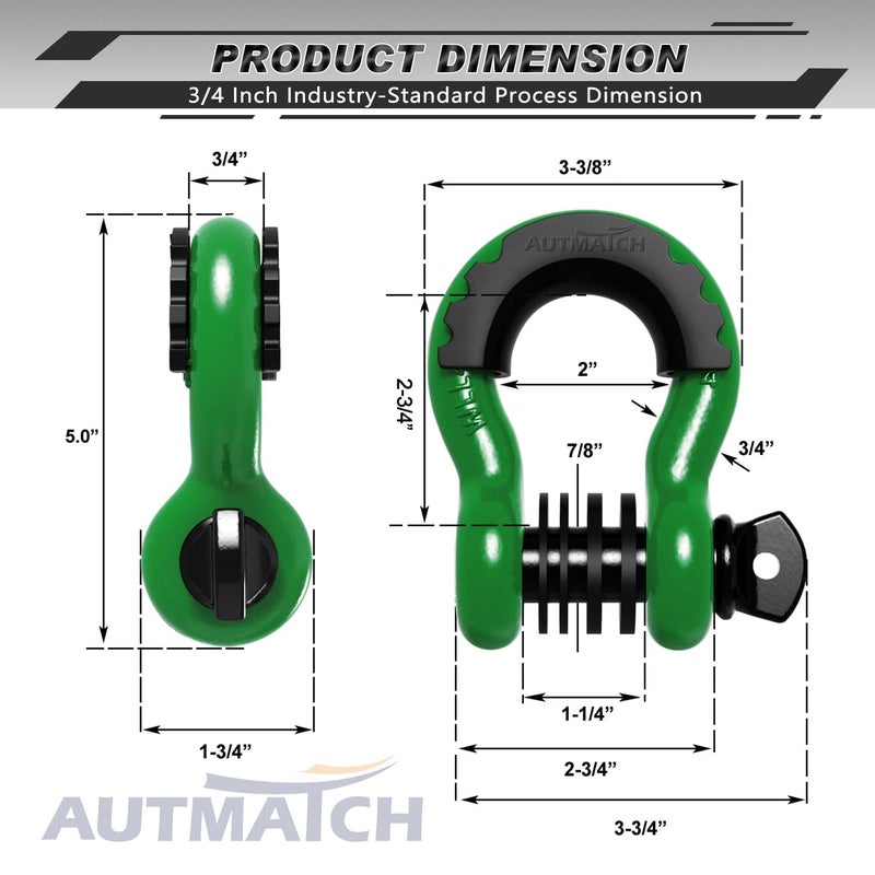 AUTMATCH D Ring Shackle 3/4 "" Shackles (2 Pack) 41,887Ibs Break Strength, Clevis Shackle with 7/8 "" Screw Pin and Shackle Isolator Washer Kit for Tow Strap Winch Off Road Vehicle Recovery, Dark Green - Image 3